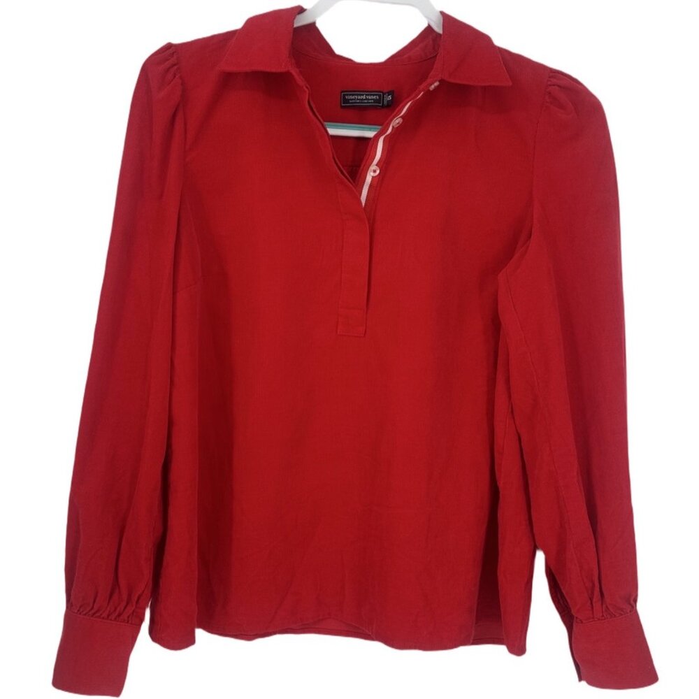 Vineyard Vines Cherry Red Corduroy Popover Blouse Puff Shoulder XS